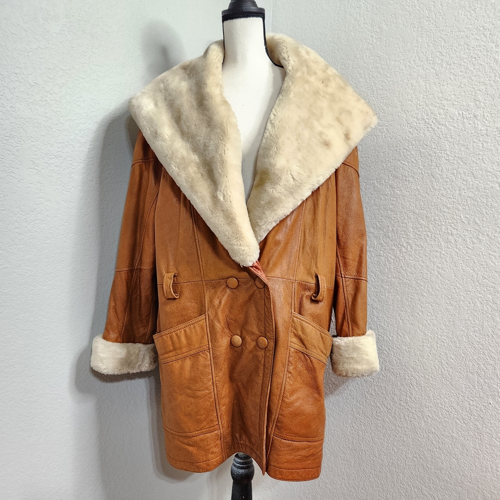 Wilsons Leather Honey Brown Teddy Jacket Shawl Cream Faux Fur Penny Lane No Belt